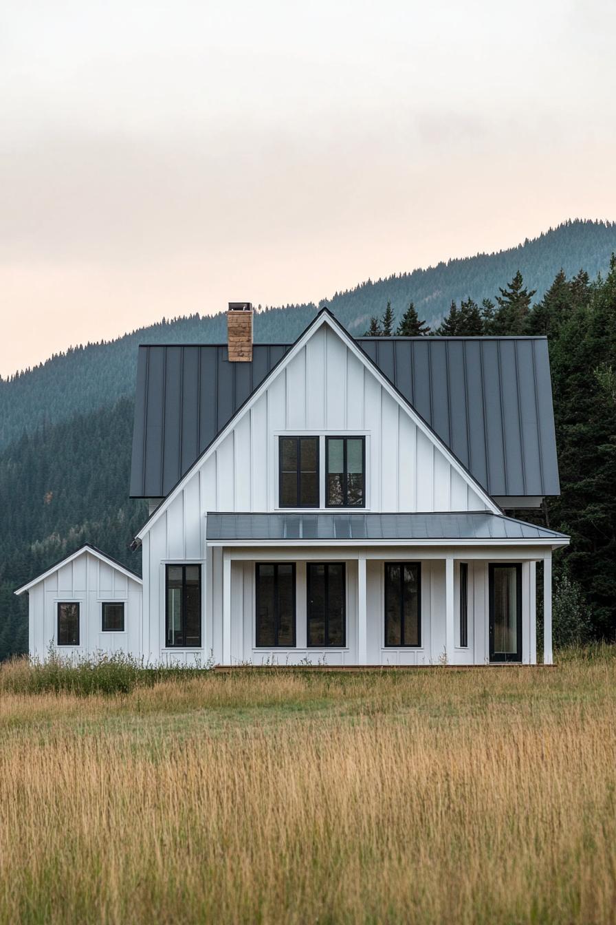 Modern farmhouse with an A-frame design nestled in the mountains