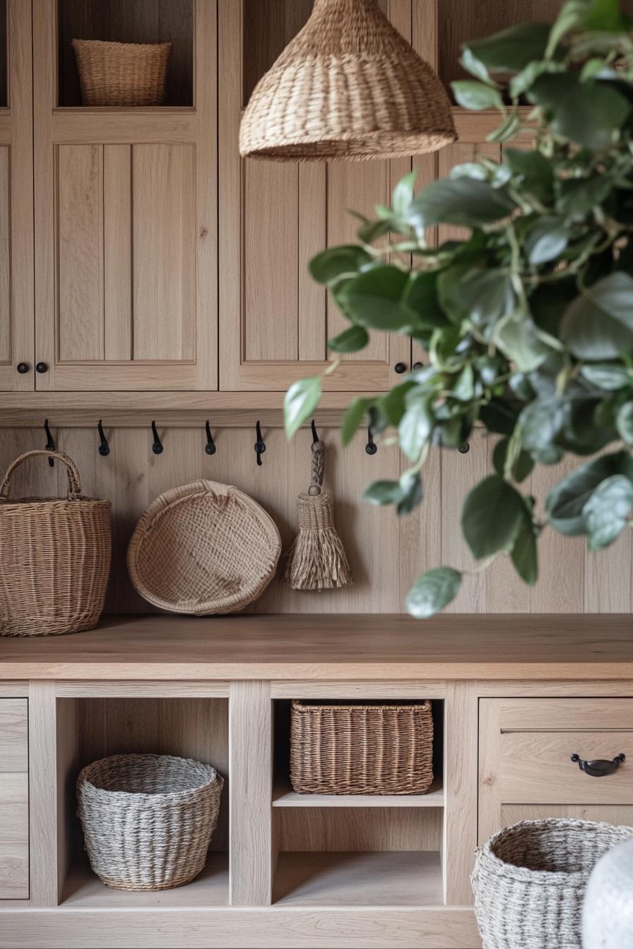 Rustic wooden cabinets with baskets and plants