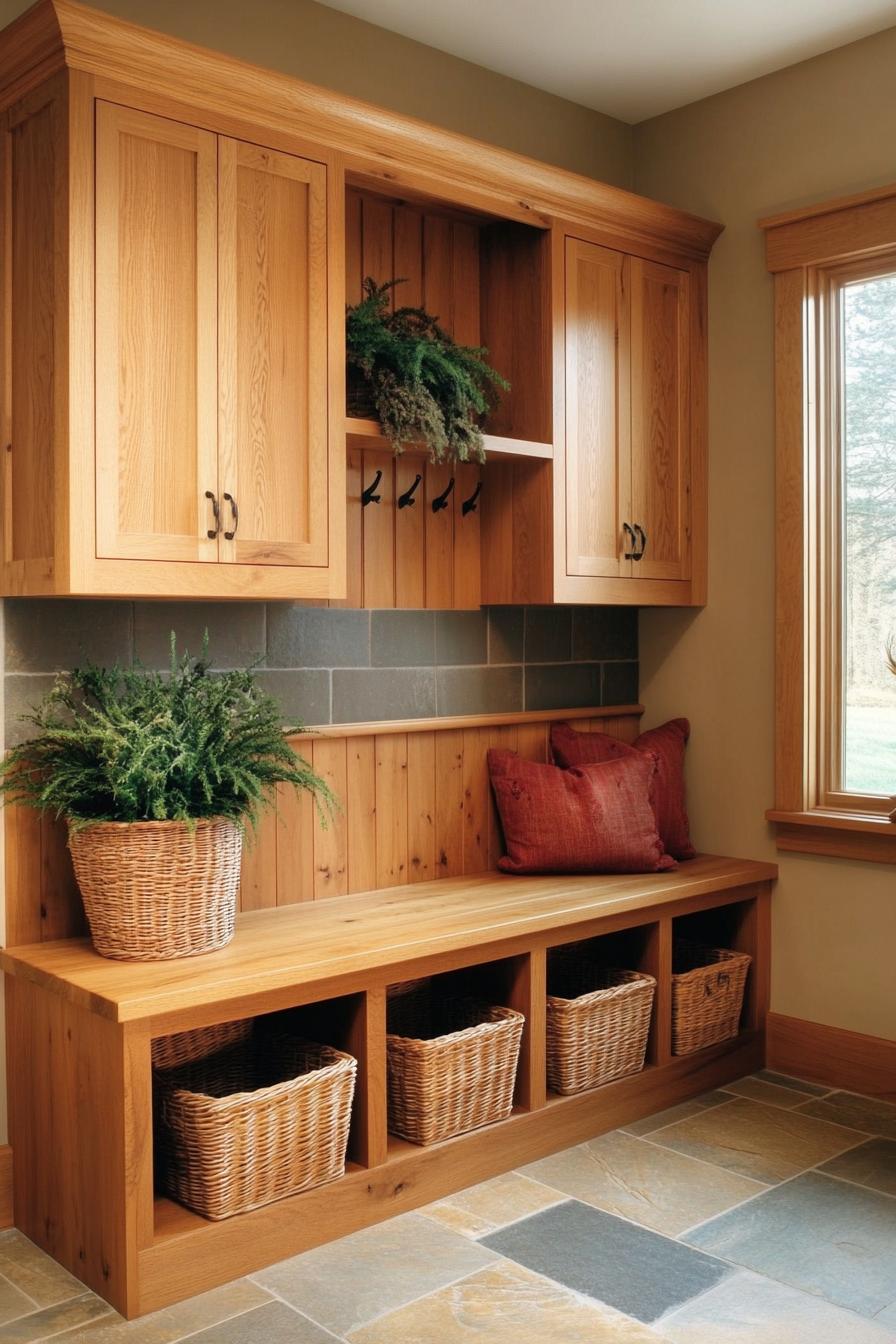 Wooden cabinets and woven baskets with green plants