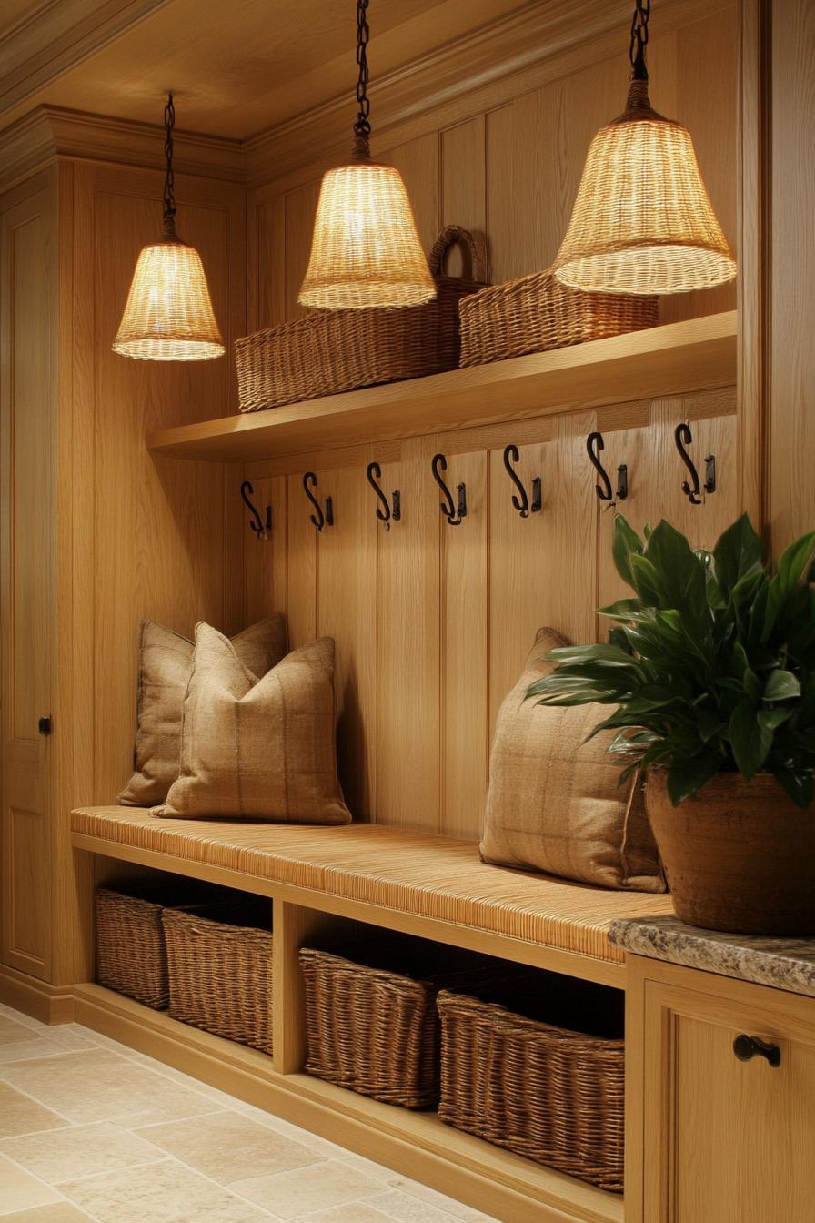 Warm and inviting mudroom with wooden elements and hanging lamps