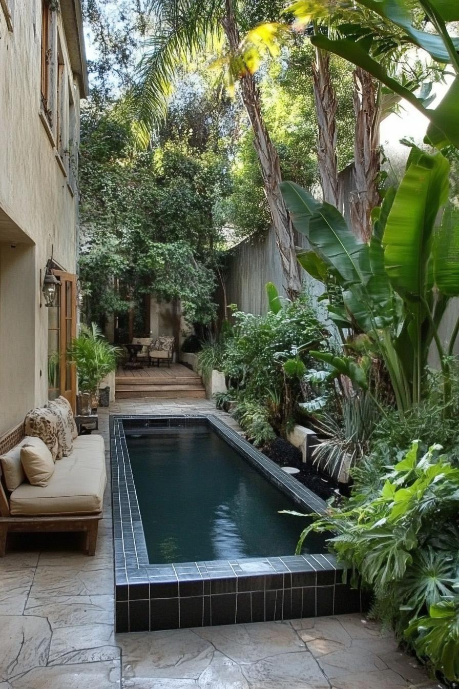 Tropical garden-flanked house with a narrow pool