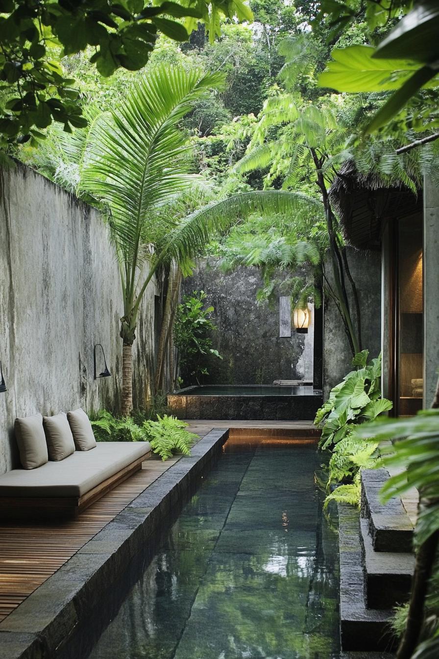 Lush courtyard with sleek pool and tropical plants