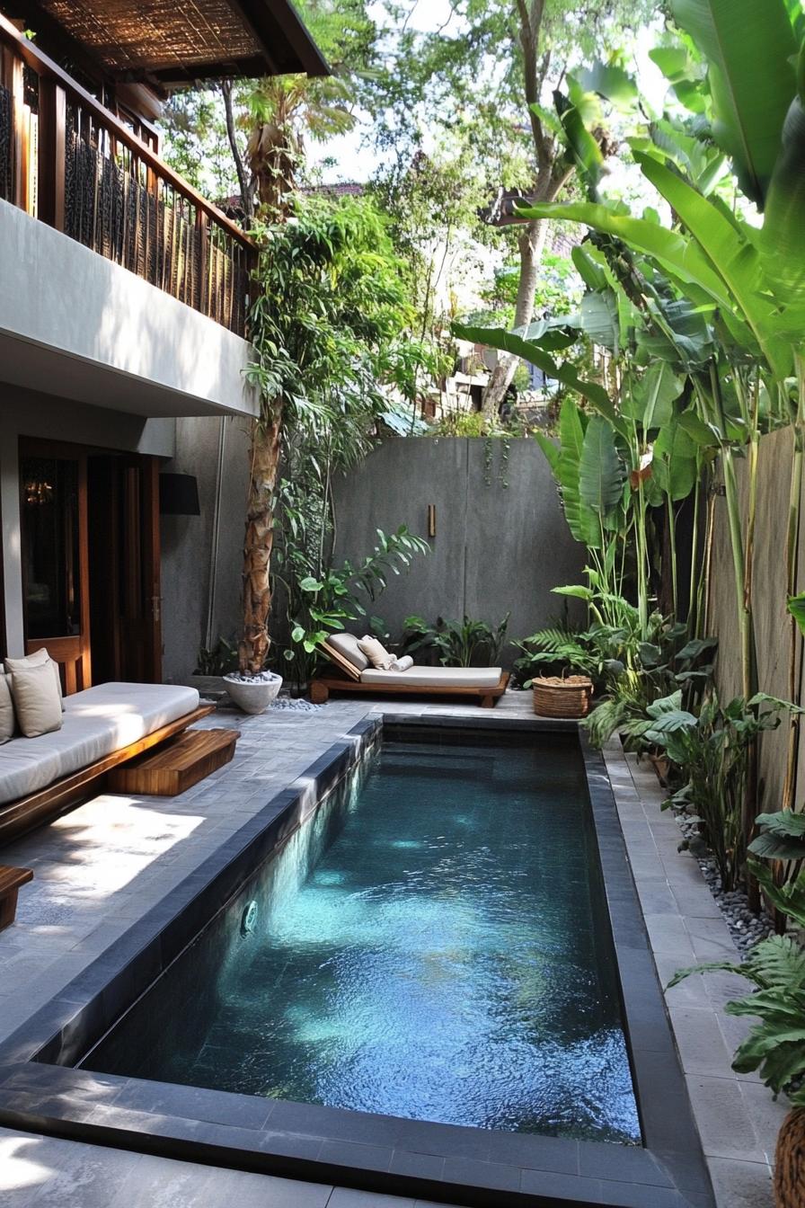 Tropical minimalist house with a pool and lush greenery