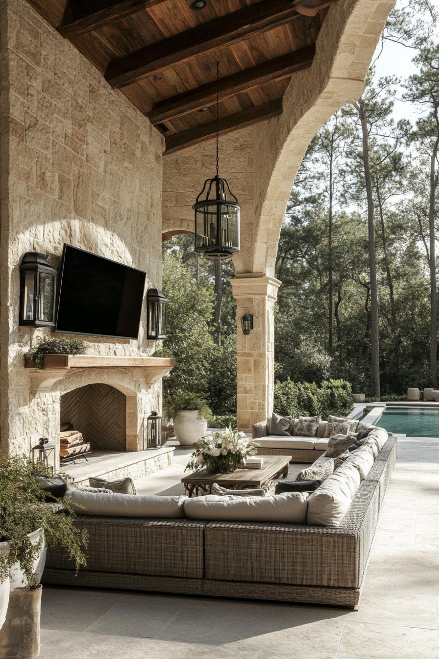 Elegant patio with a stone fireplace and lush seating