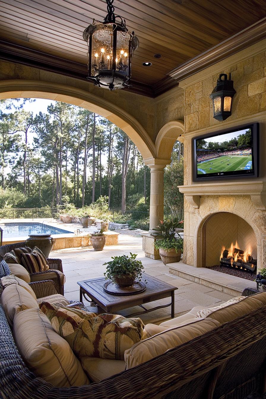 Elegant outdoor lounge with a fireplace and pool view