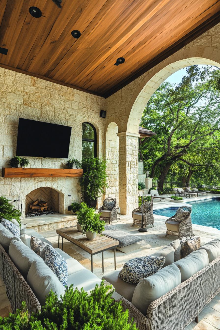 Elegant outdoor sitting area with a fireplace and pool