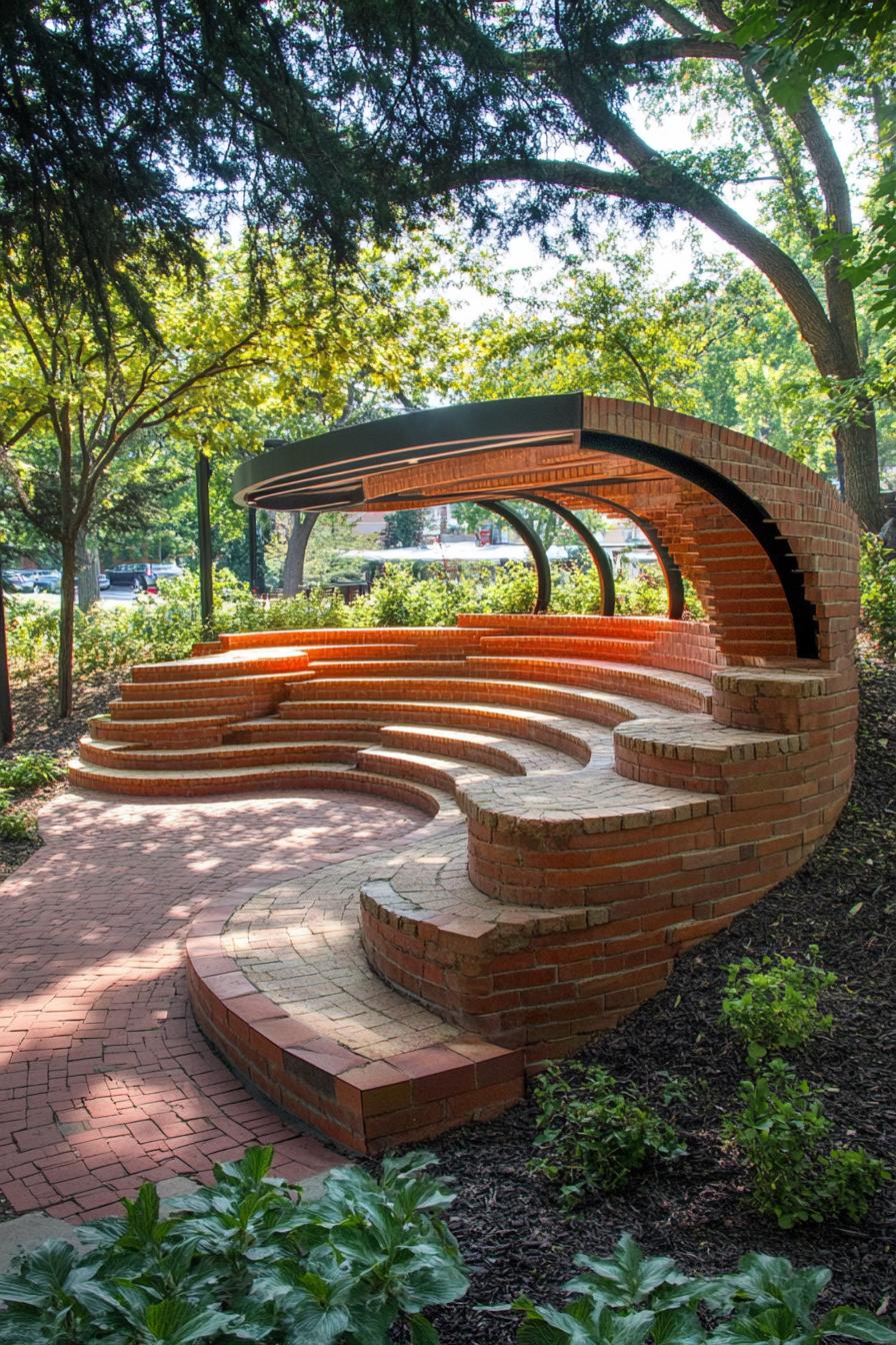 Curved brick seating area with lush greenery overhead