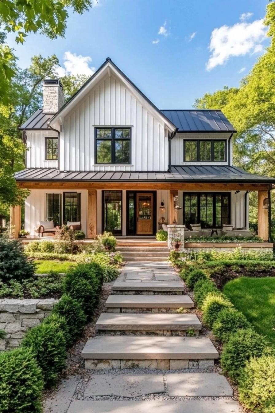 Wooden farmhouse with a sleek metal roof and charming porch