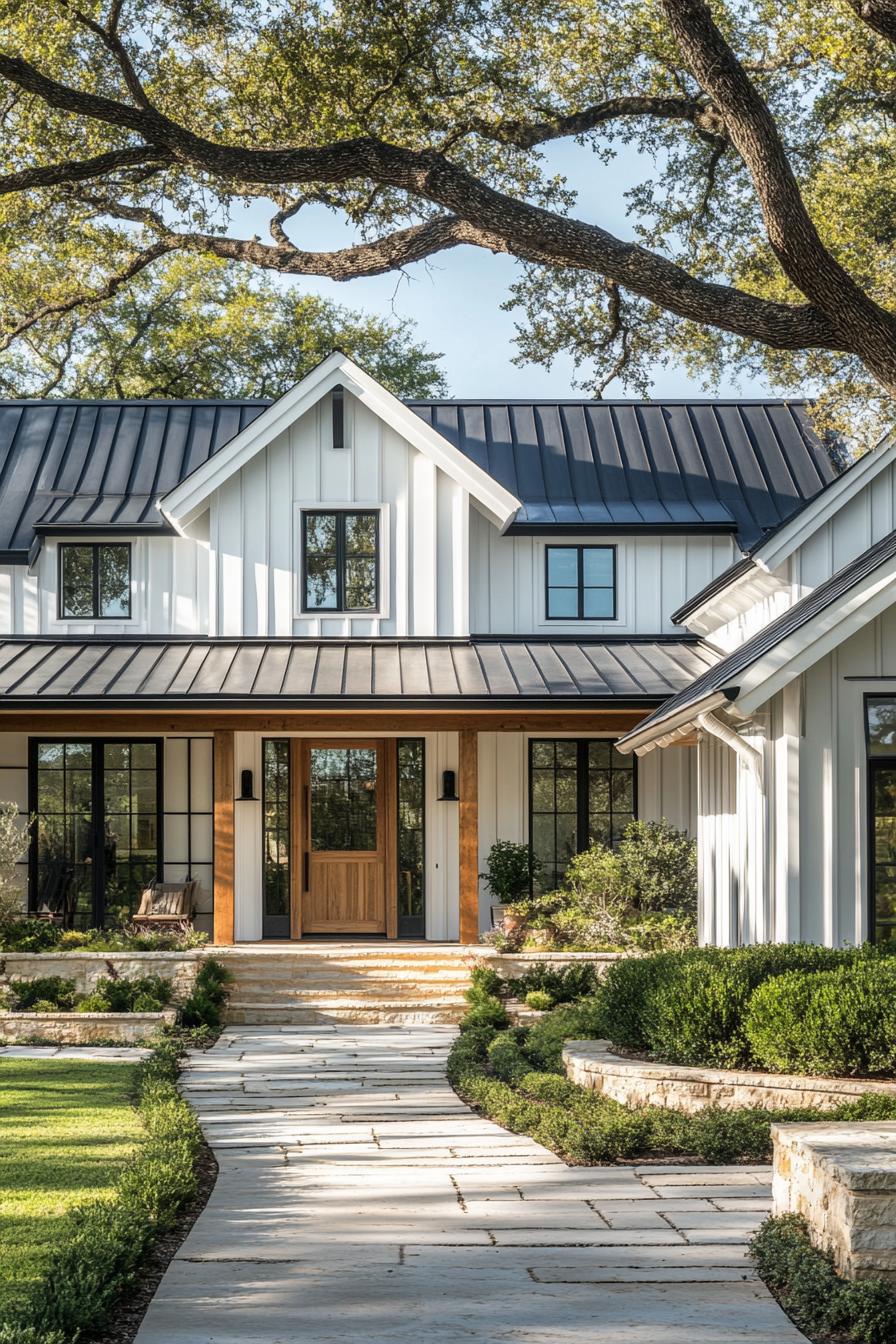 A chic modern farmhouse with a welcoming pathway