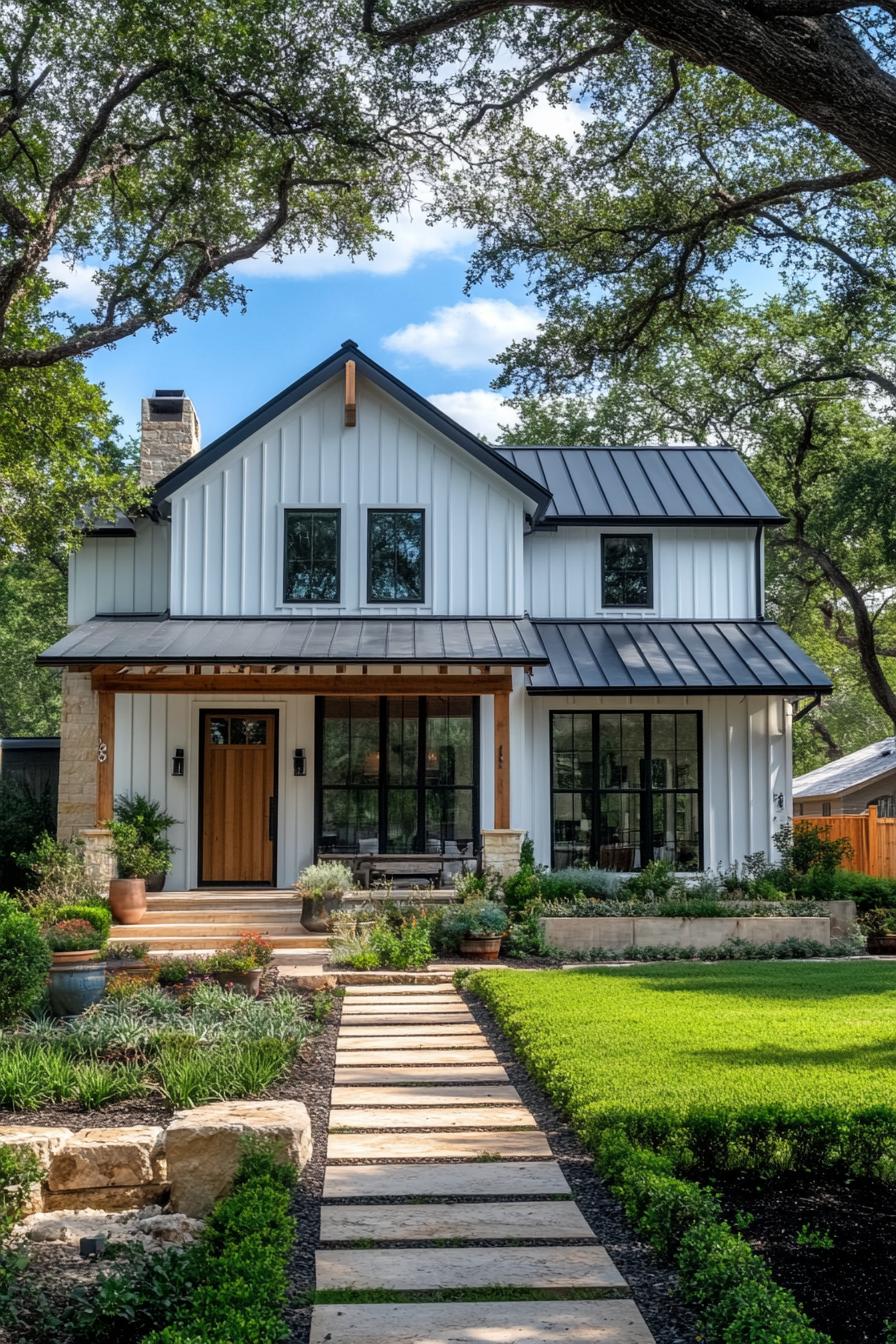 Modern farmhouse with black metal roof and wooden accents