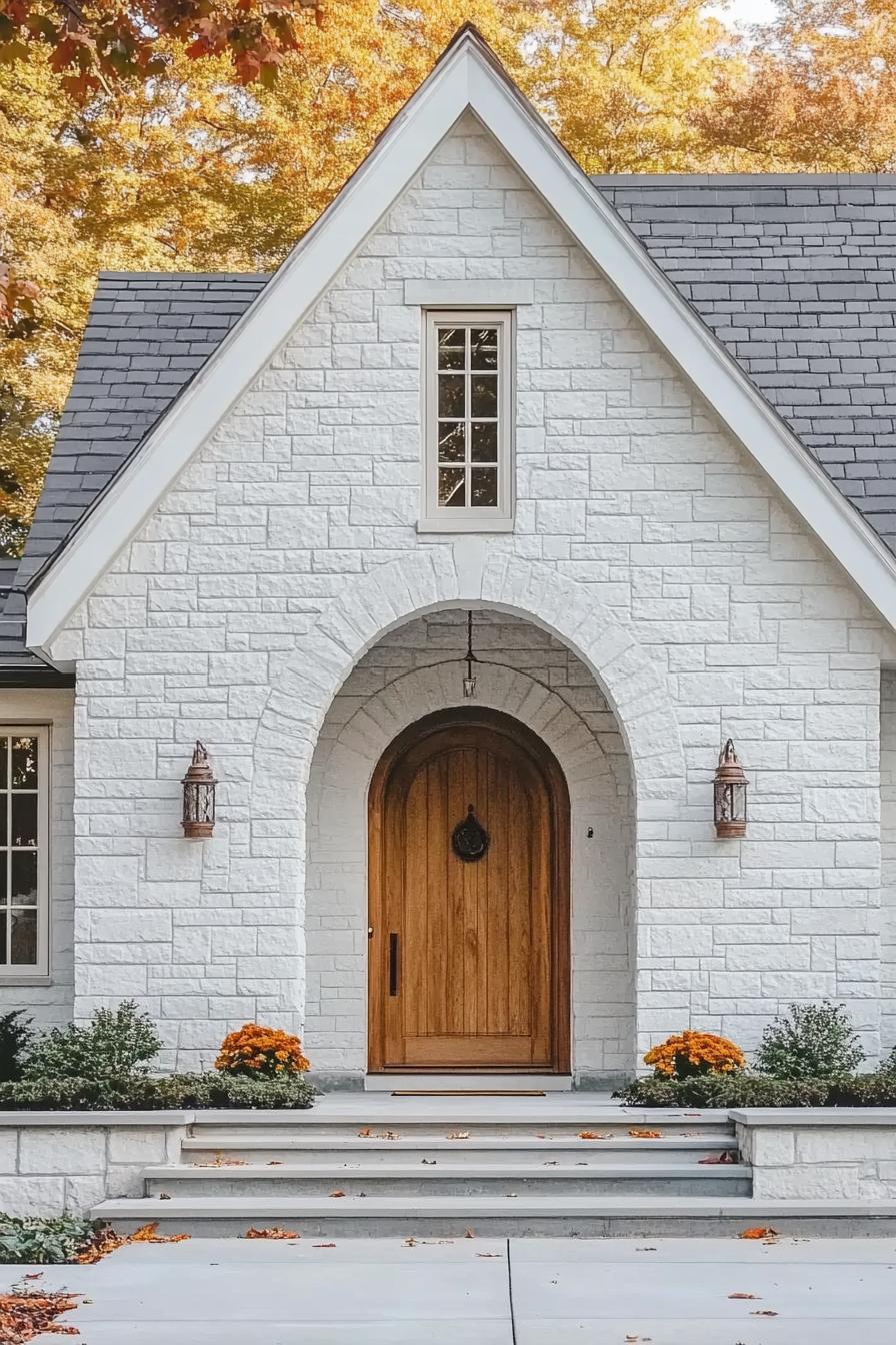 Exterior of a luxury home with an arched front door white stone walls and a shingle roof the stone bricks are varied