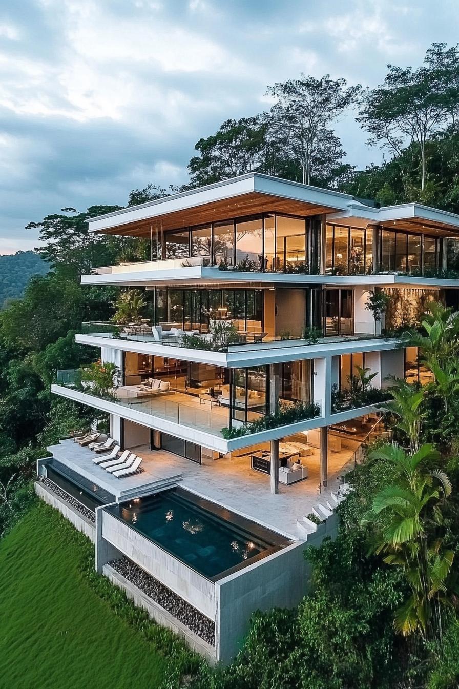 Modern house perched on a hillside with large glass windows and terraces