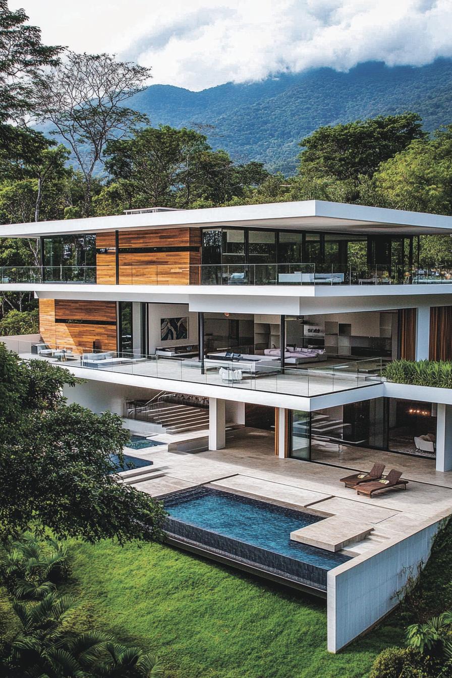 Three-story modern house on a lush hillside with glass walls and a pool