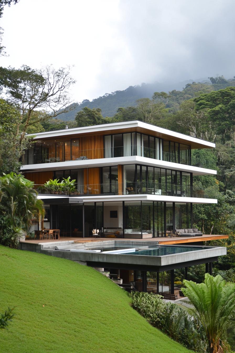 Three-story modern house with glass walls on a lush hillside