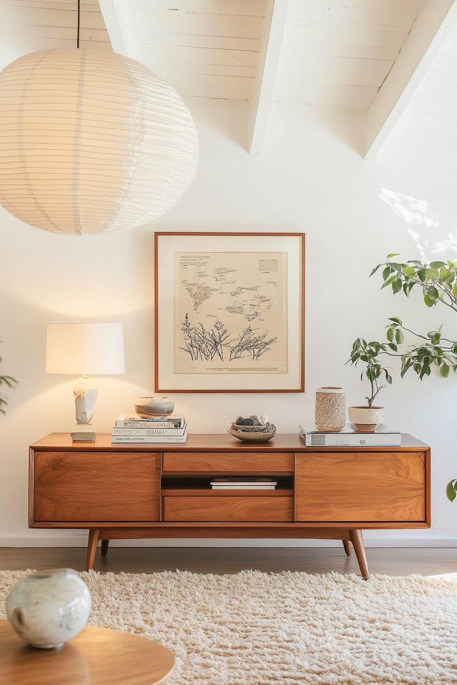 Mid-century living room with wooden furniture and minimal decor