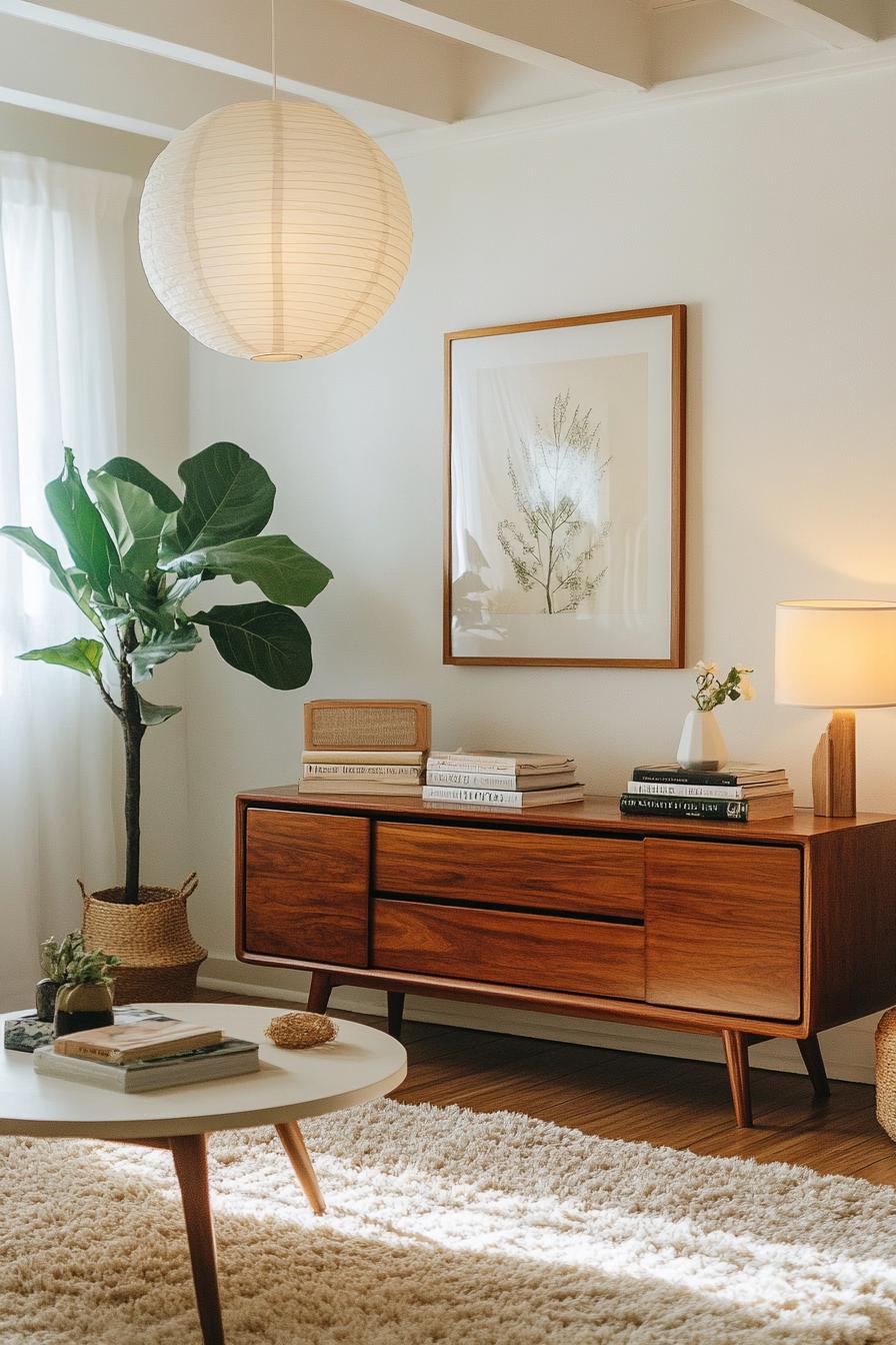 Warm mid-century modern living room with stylish wooden furniture