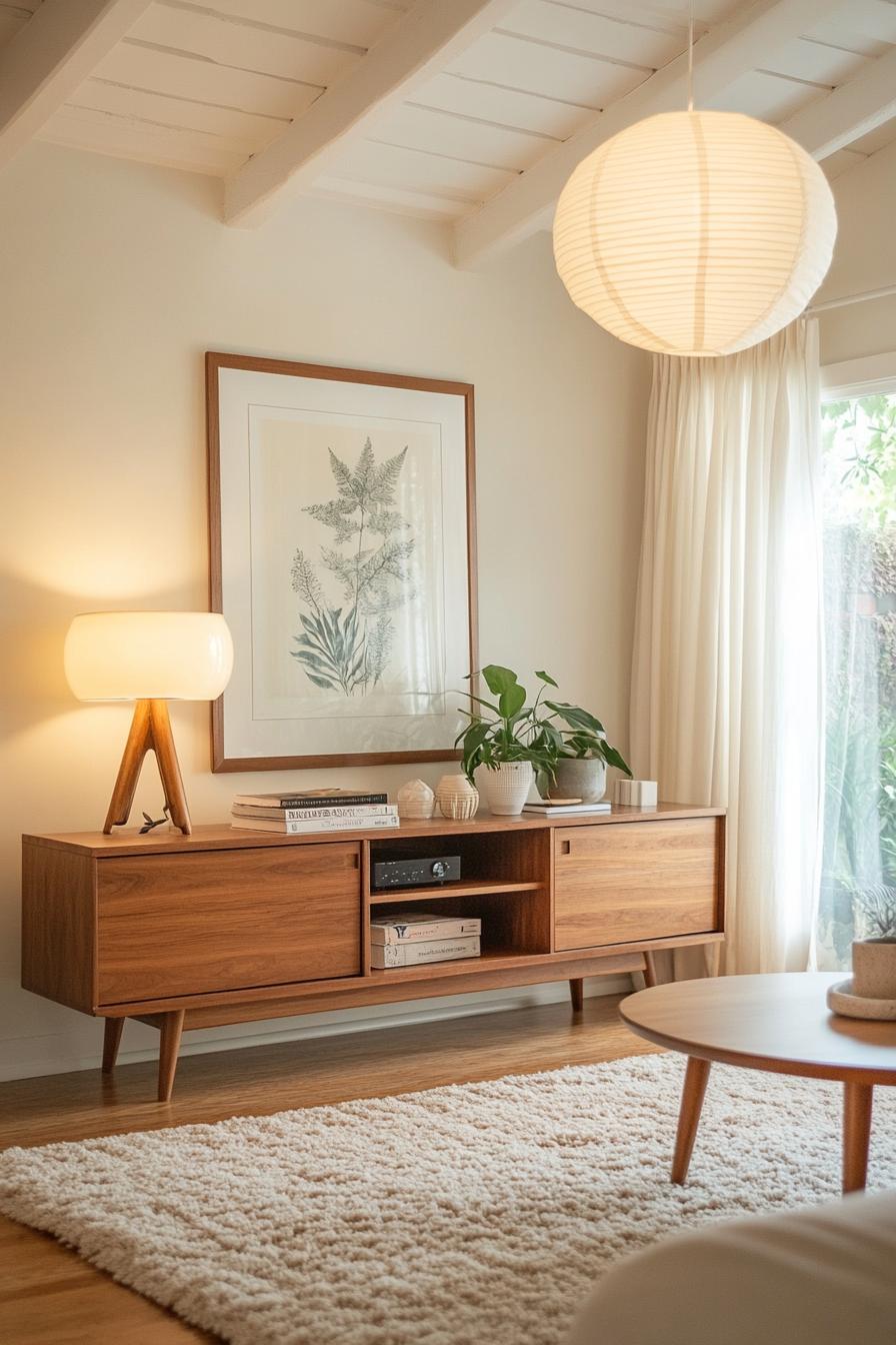 Mid-century modern living room with wooden accents