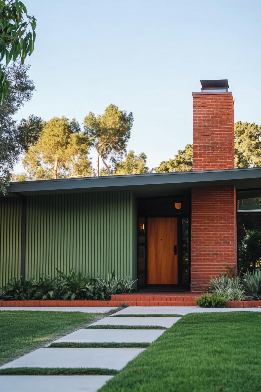 Flat roof house with green siding and red brick chimney