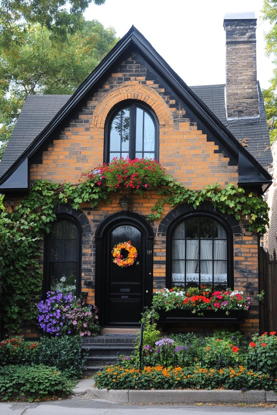 Gabled cottage with vibrant flowers and ivy