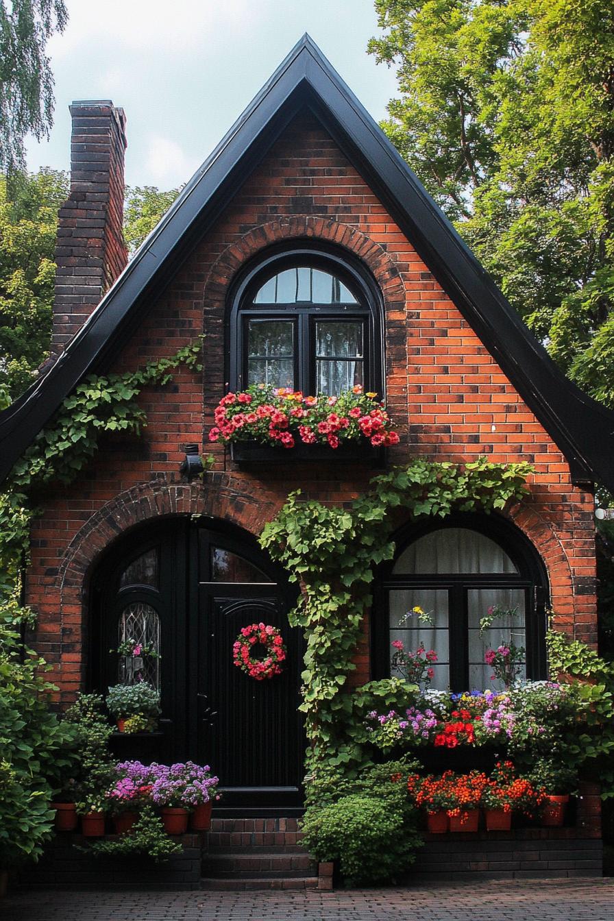 Brick cottage with blooming vines and colorful flowers