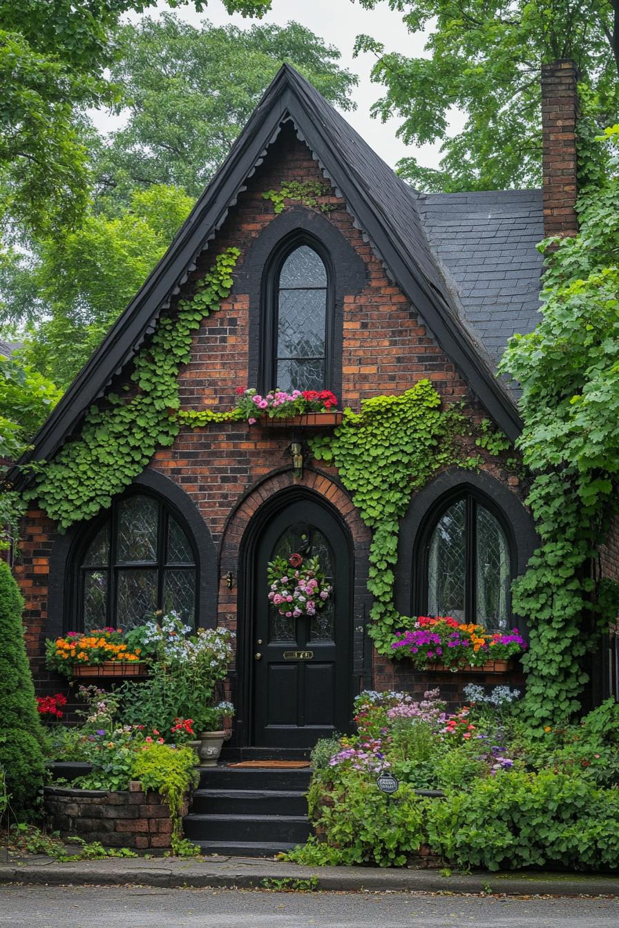 Charming red-brick house with lush ivy and vibrant flowers