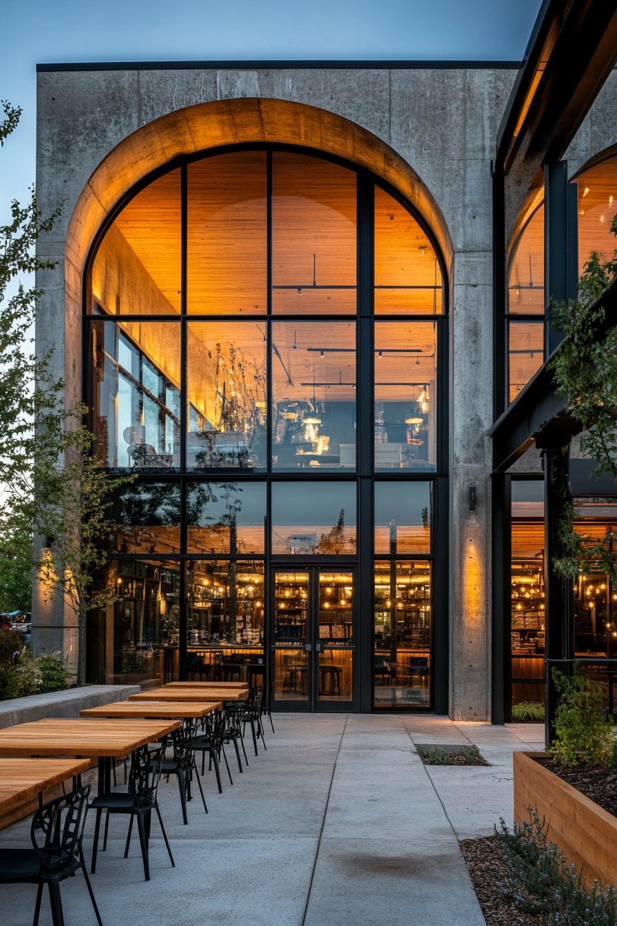 Warm, illuminated arched building with outdoor seating