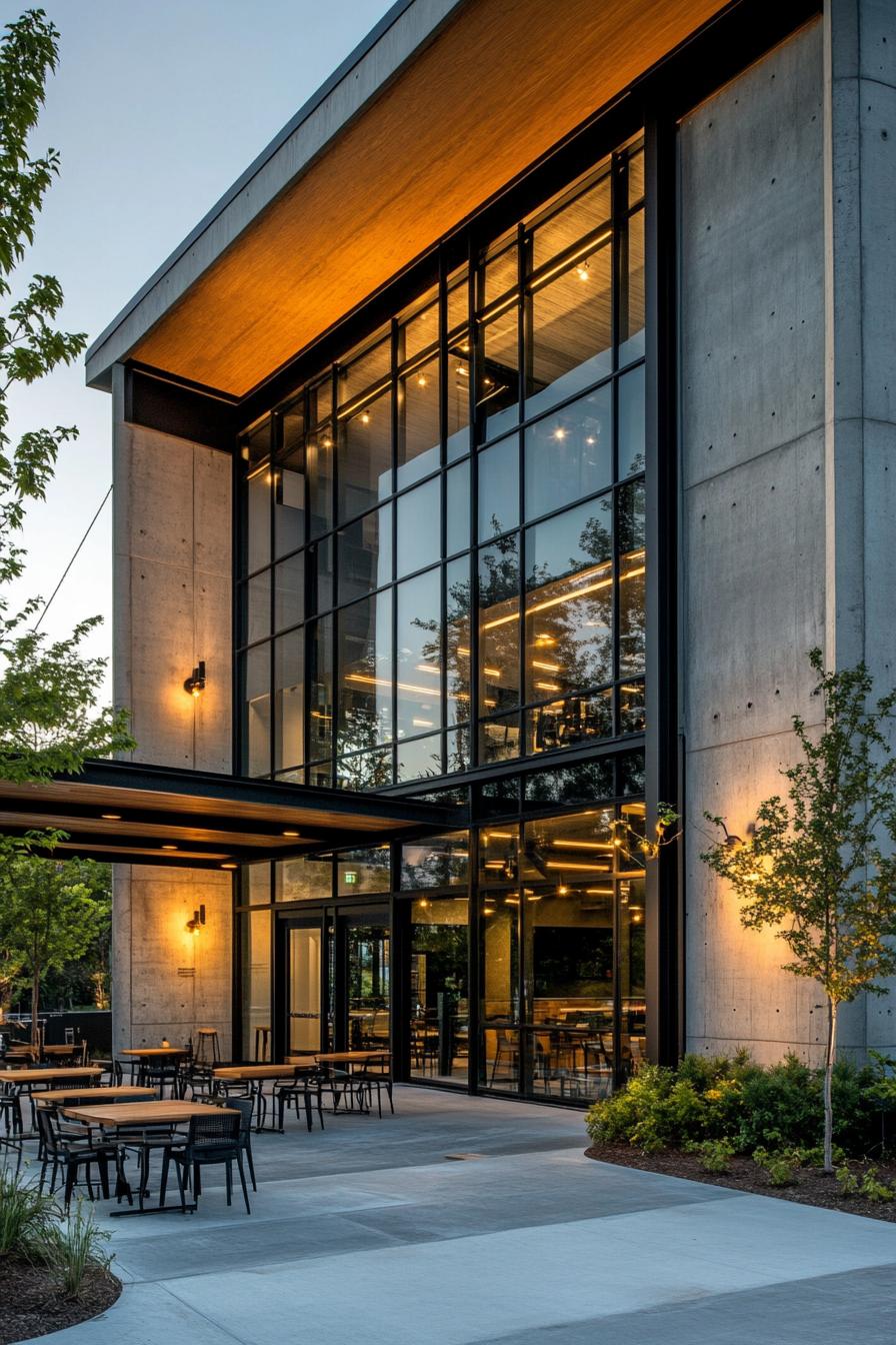 Modern building with glass façade at dusk