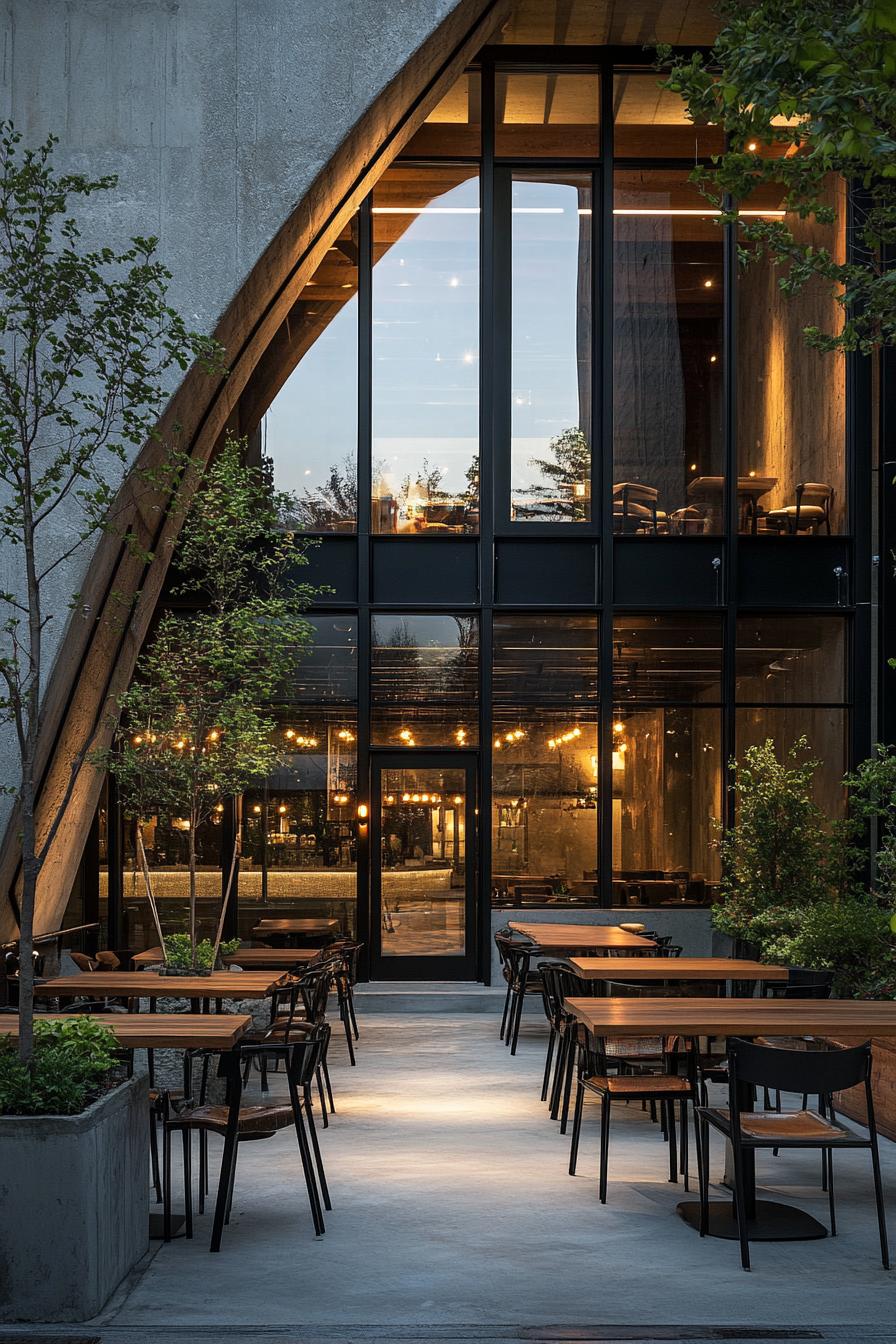 Contemporary building with large glass windows and an inviting patio