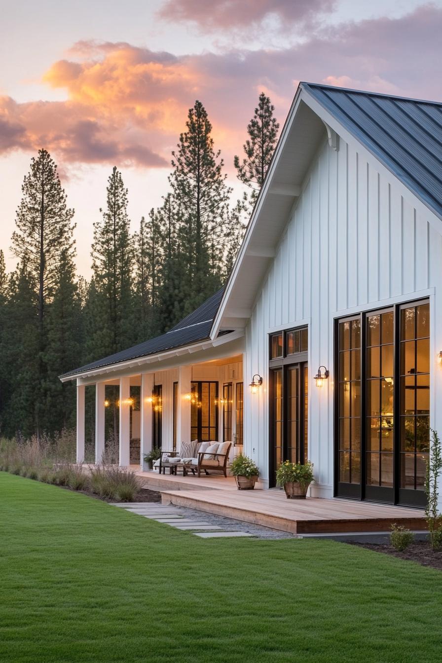 Elegant barn-style home with a wide porch at dusk