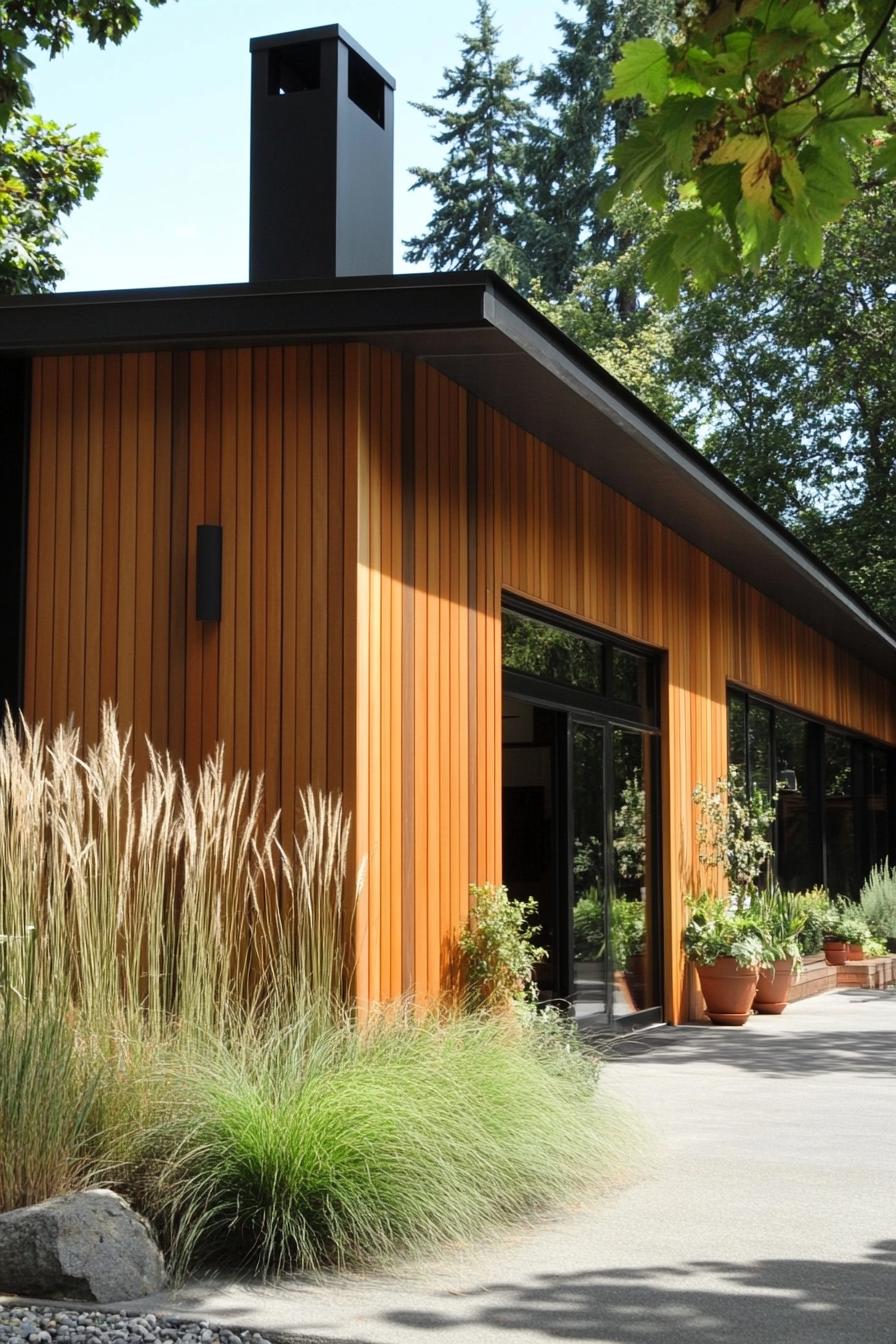 Modern wooden house surrounded by greenery