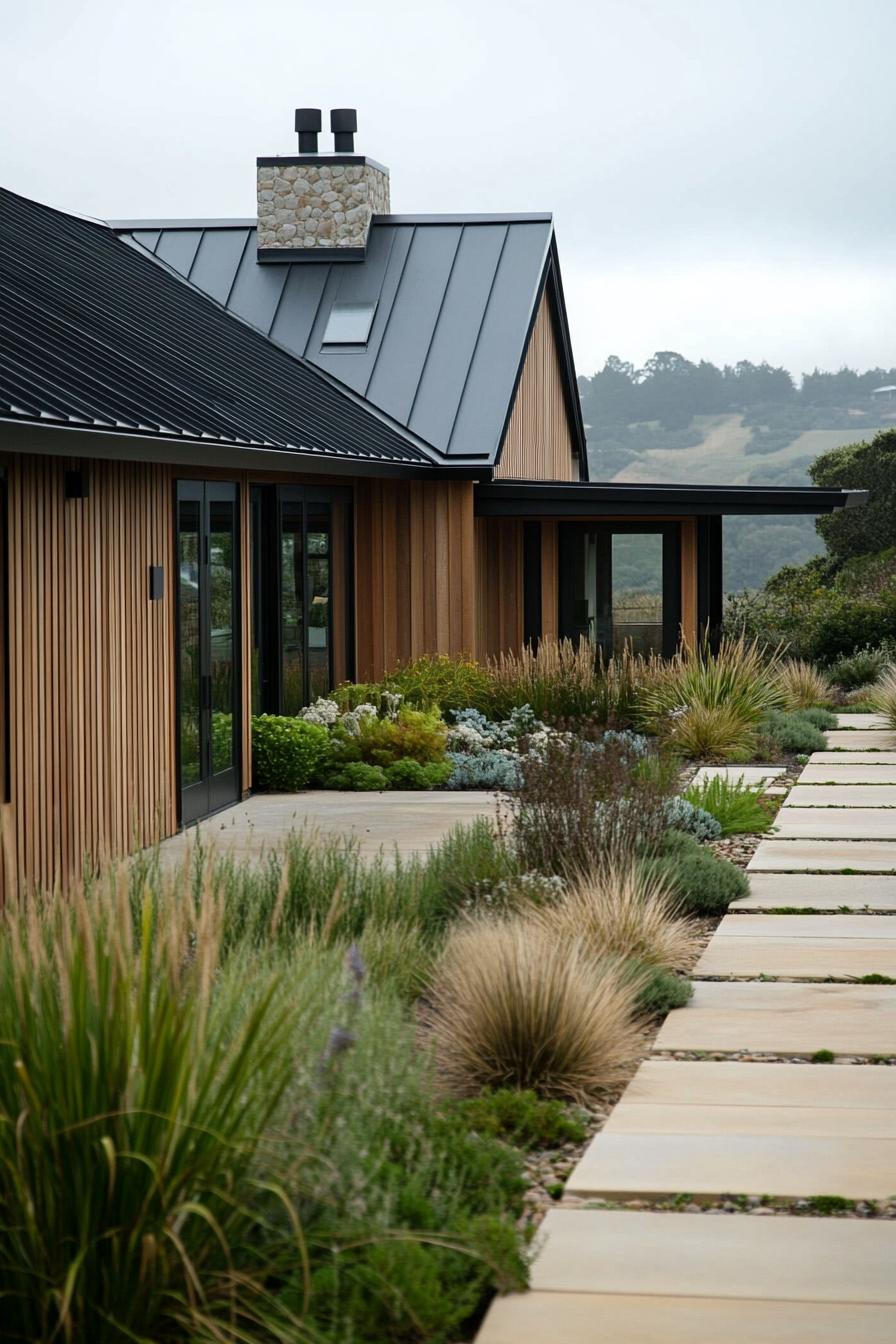 Modern long house with wood siding and a sleek roof, surrounded by lush landscaping