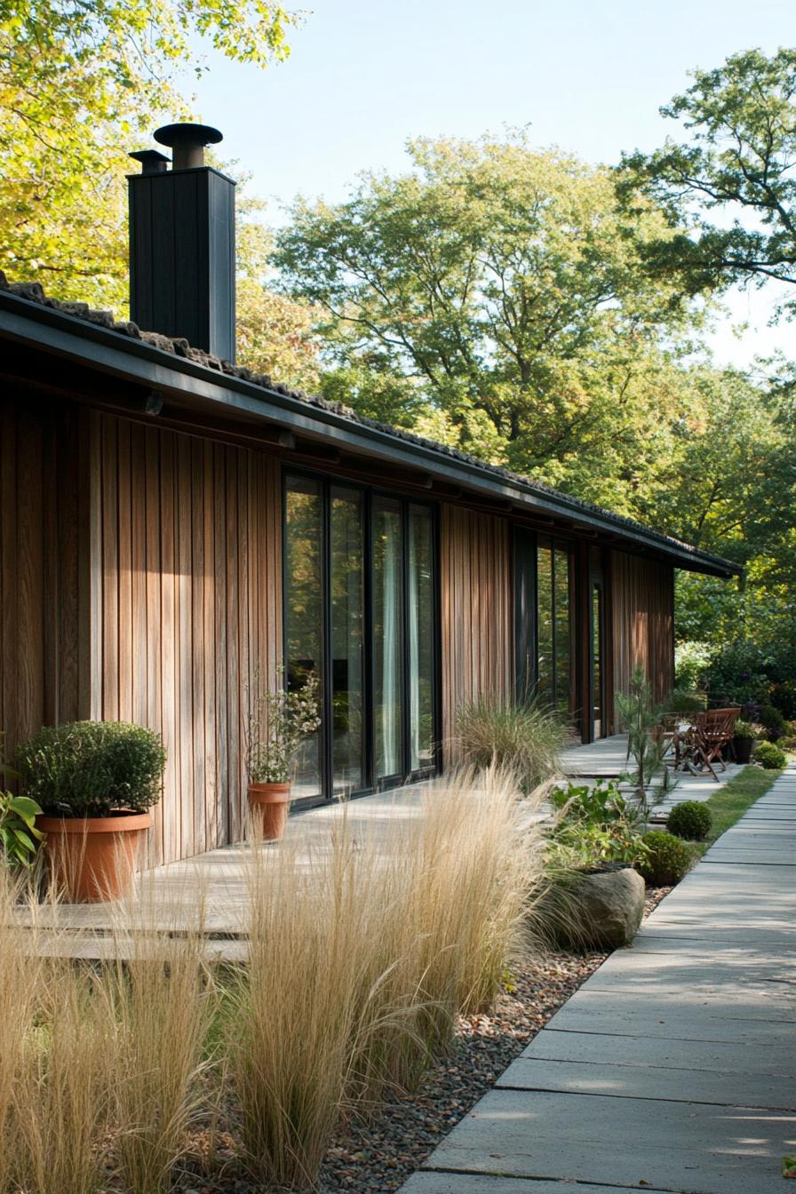 Contemporary long house with wooden facade