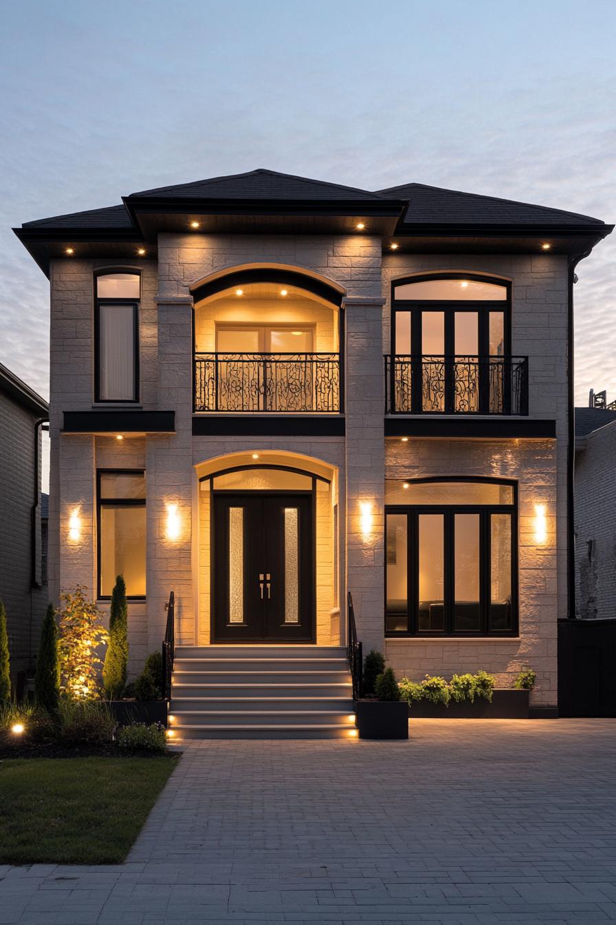 Elegant two-story house with arches and warm lights