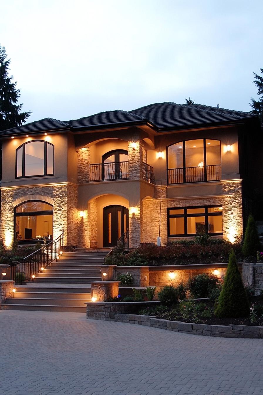 Luxury house with stone facade and warm lighting