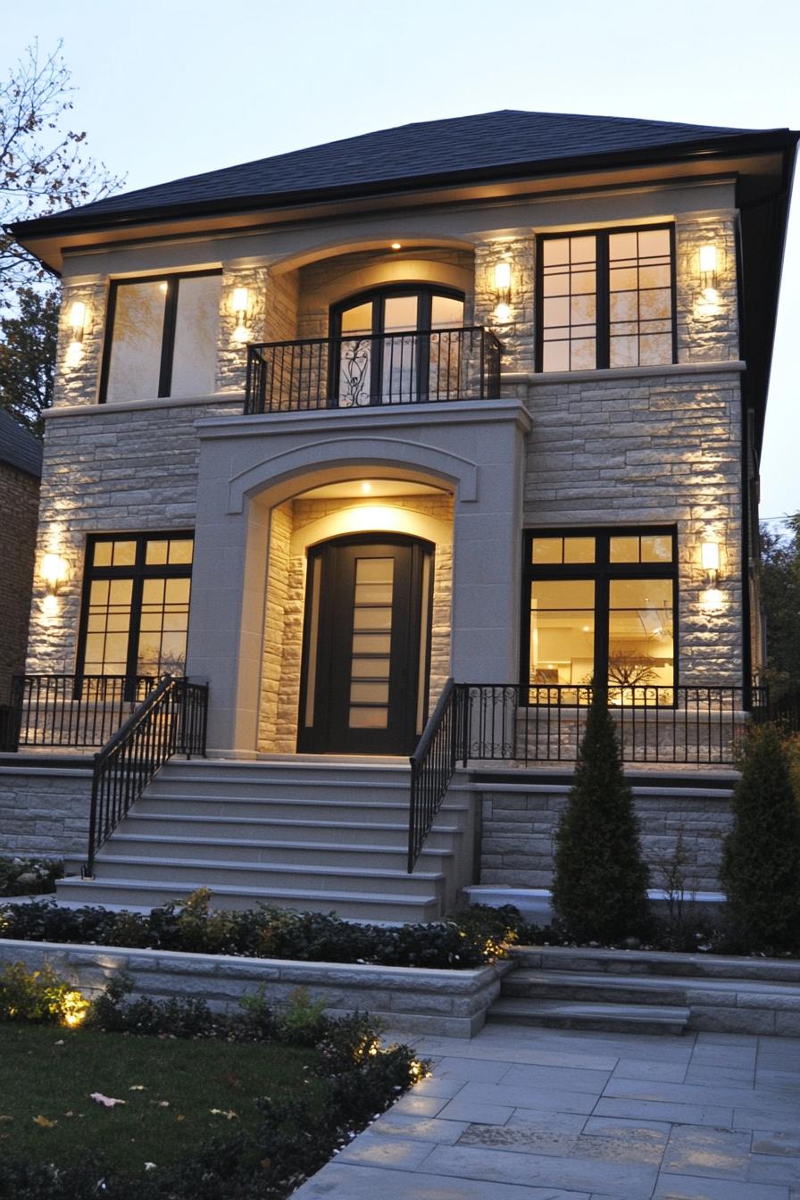 Stone house with bright lights and lush greenery