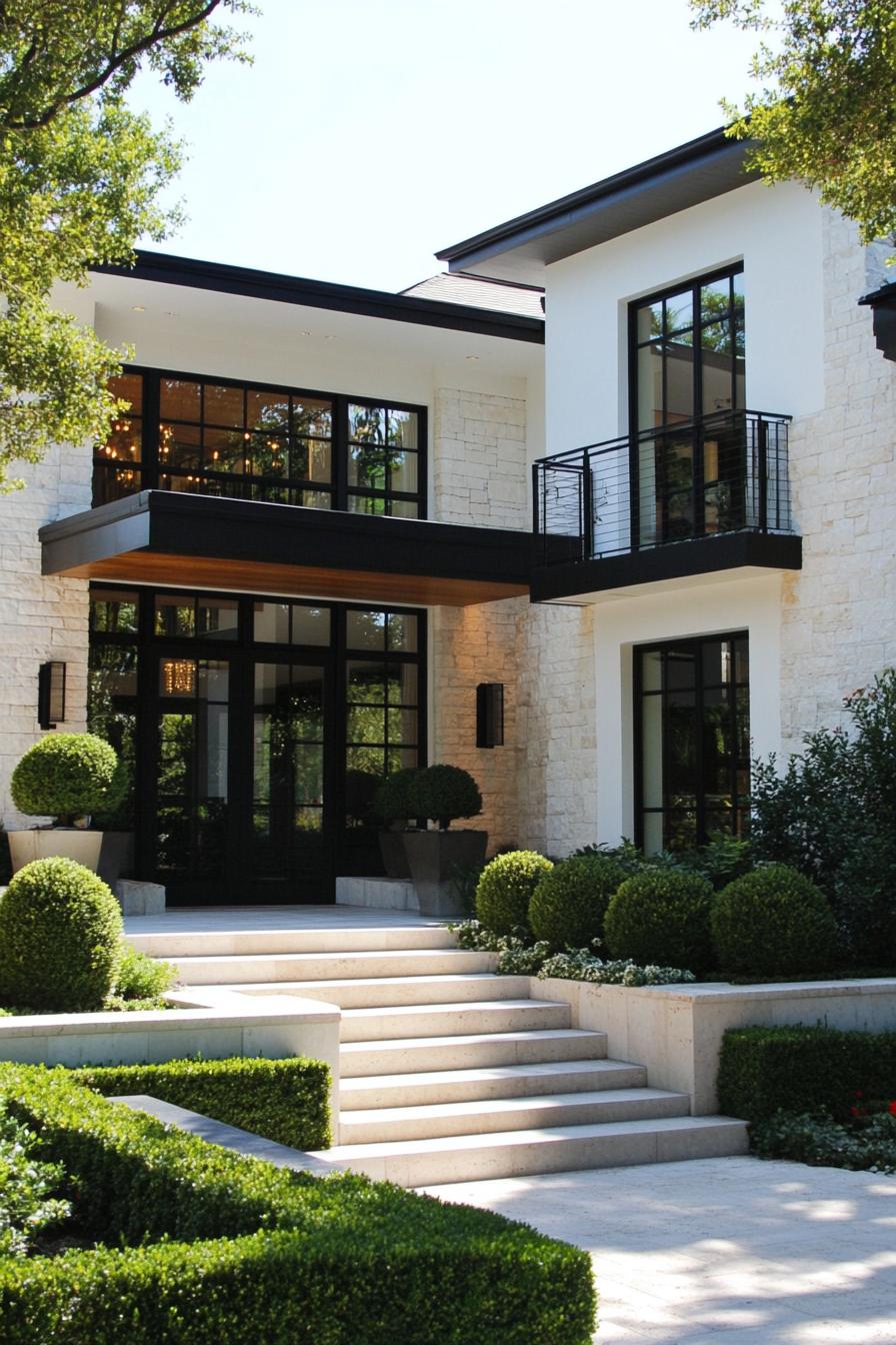 Modern house with large glass windows, stone facade, and manicured hedges