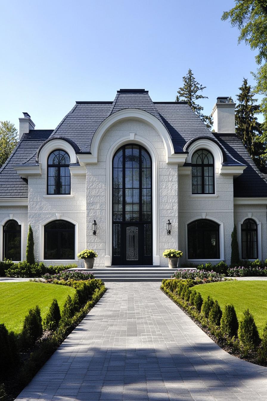 Front view of a luxurious white house with an arched entrance