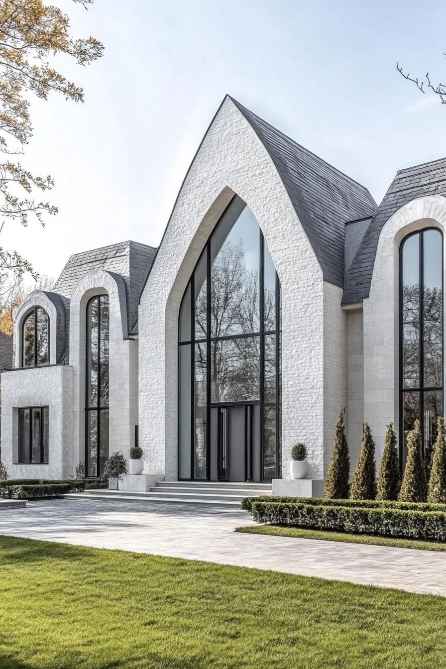 Modern white house with large arch windows and manicured garden