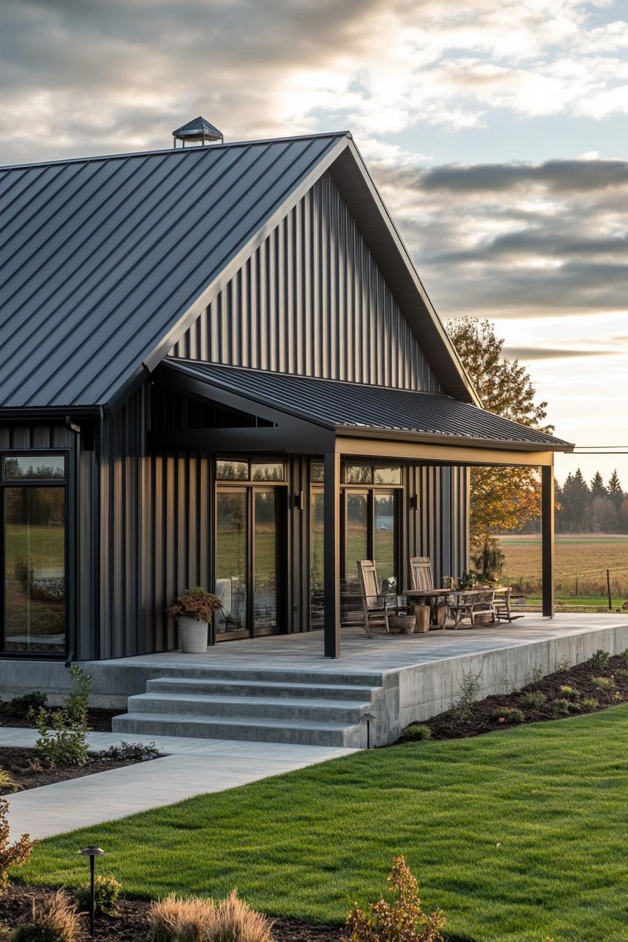 Cozy metal home with a large porch and green lawn