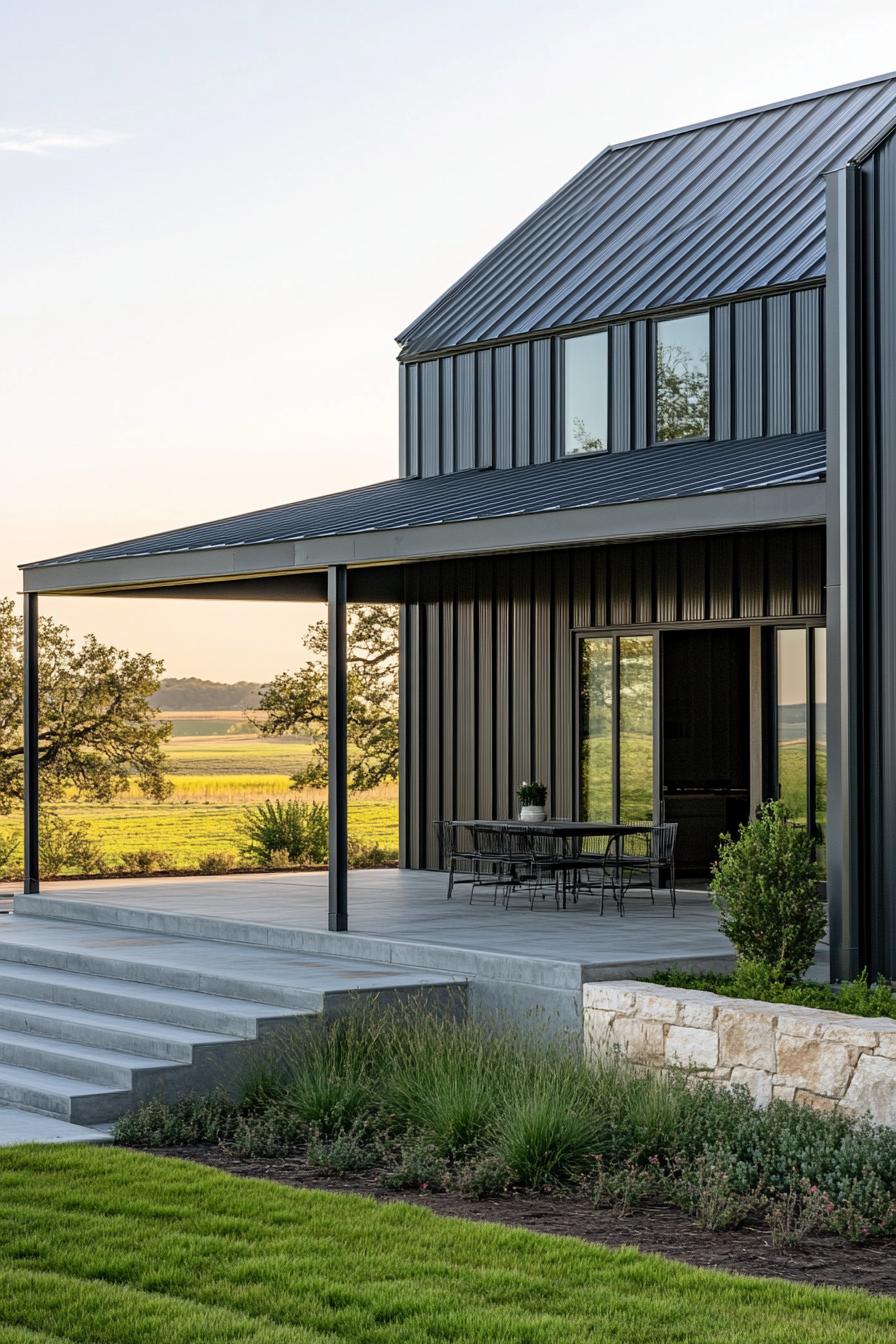 Modern metal house with large porch and open view