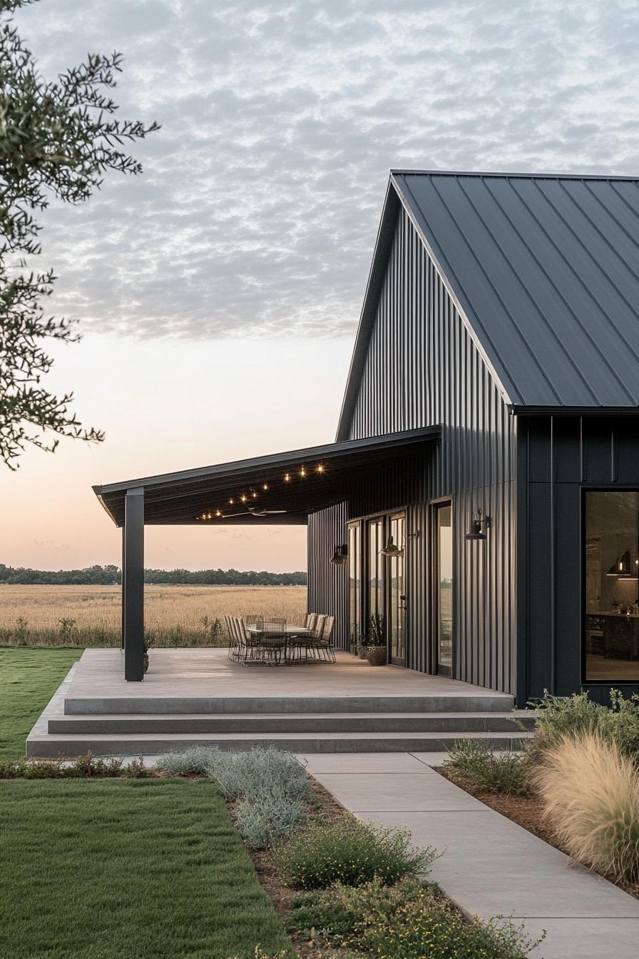 Modern metal home with covered patio in a rural setting