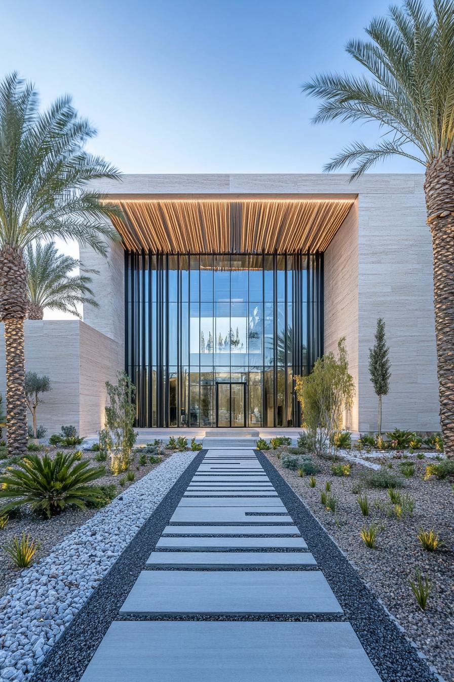 Glass house with desert landscaping and palms