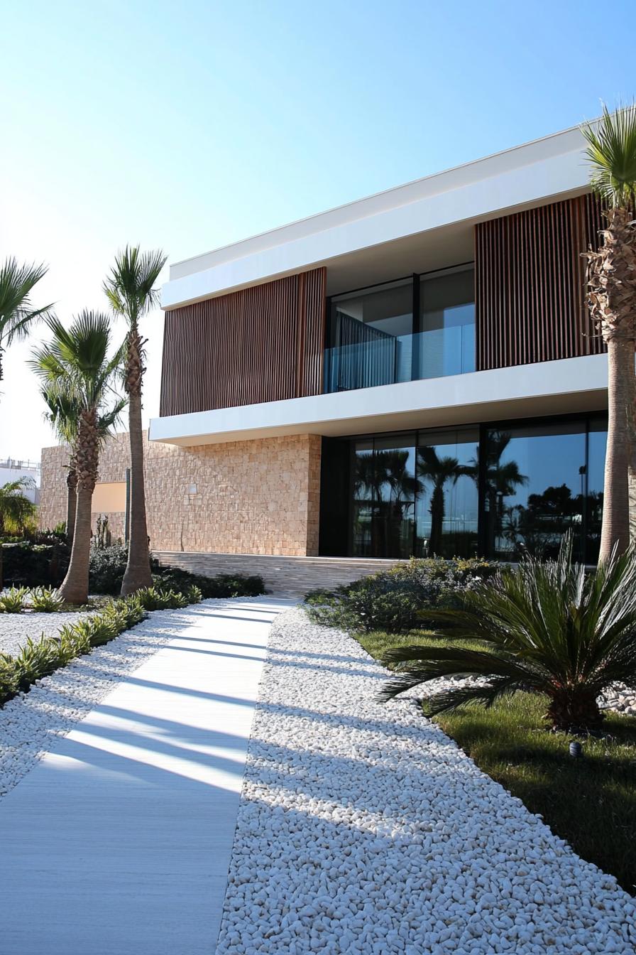 Modern house with stone and glass facade, surrounded by palm trees