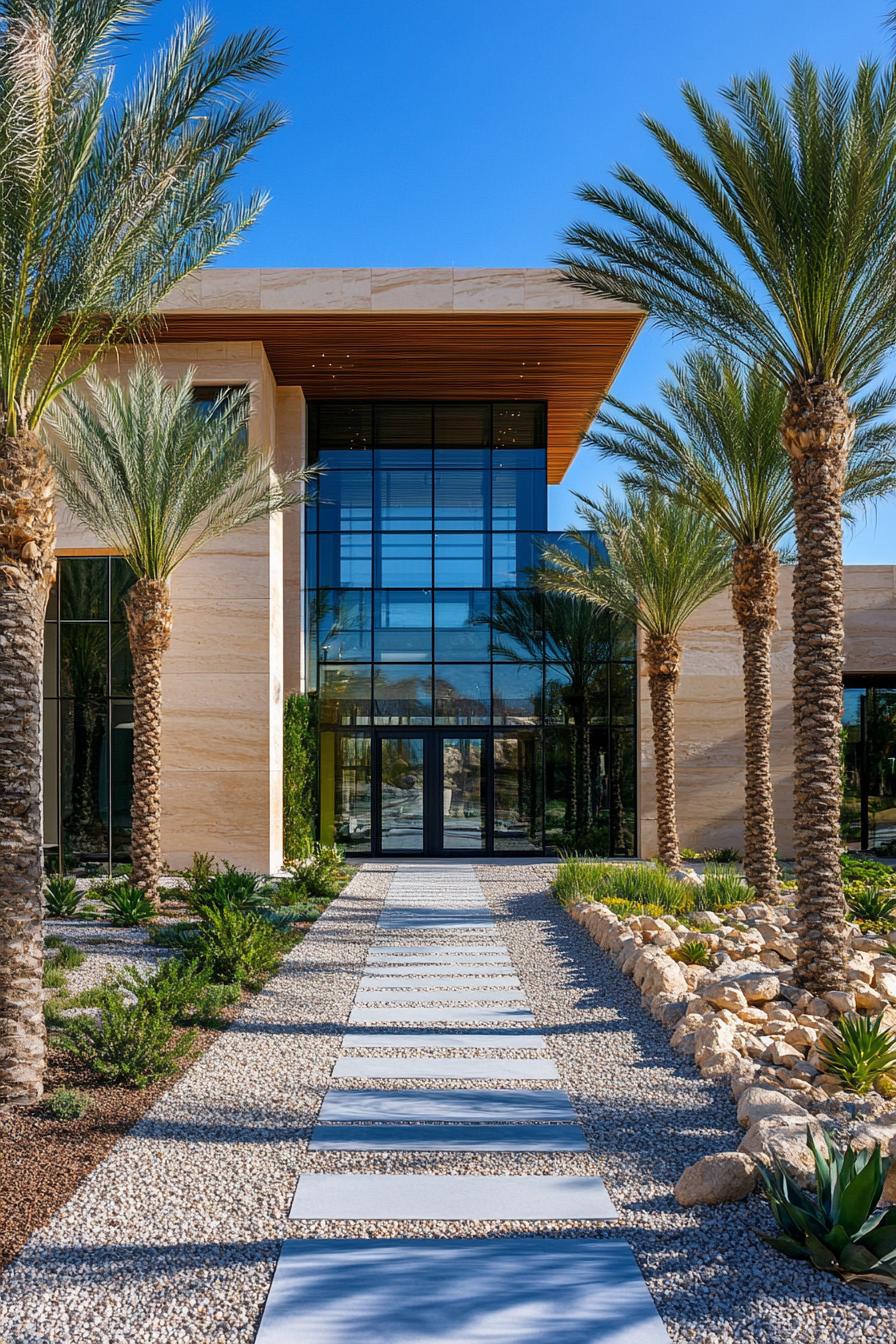 Contemporary house with palm trees and a glass facade