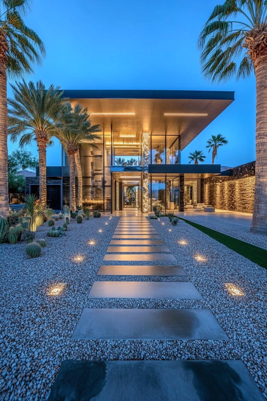 Modern house with illuminated path and palm trees