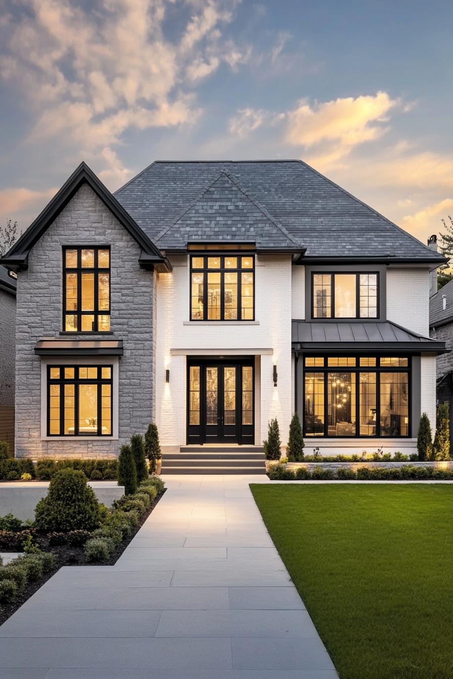 Modern home with illuminated windows and a manicured lawn