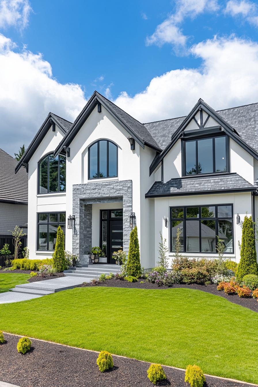 White house with triangular roofs and stone accents