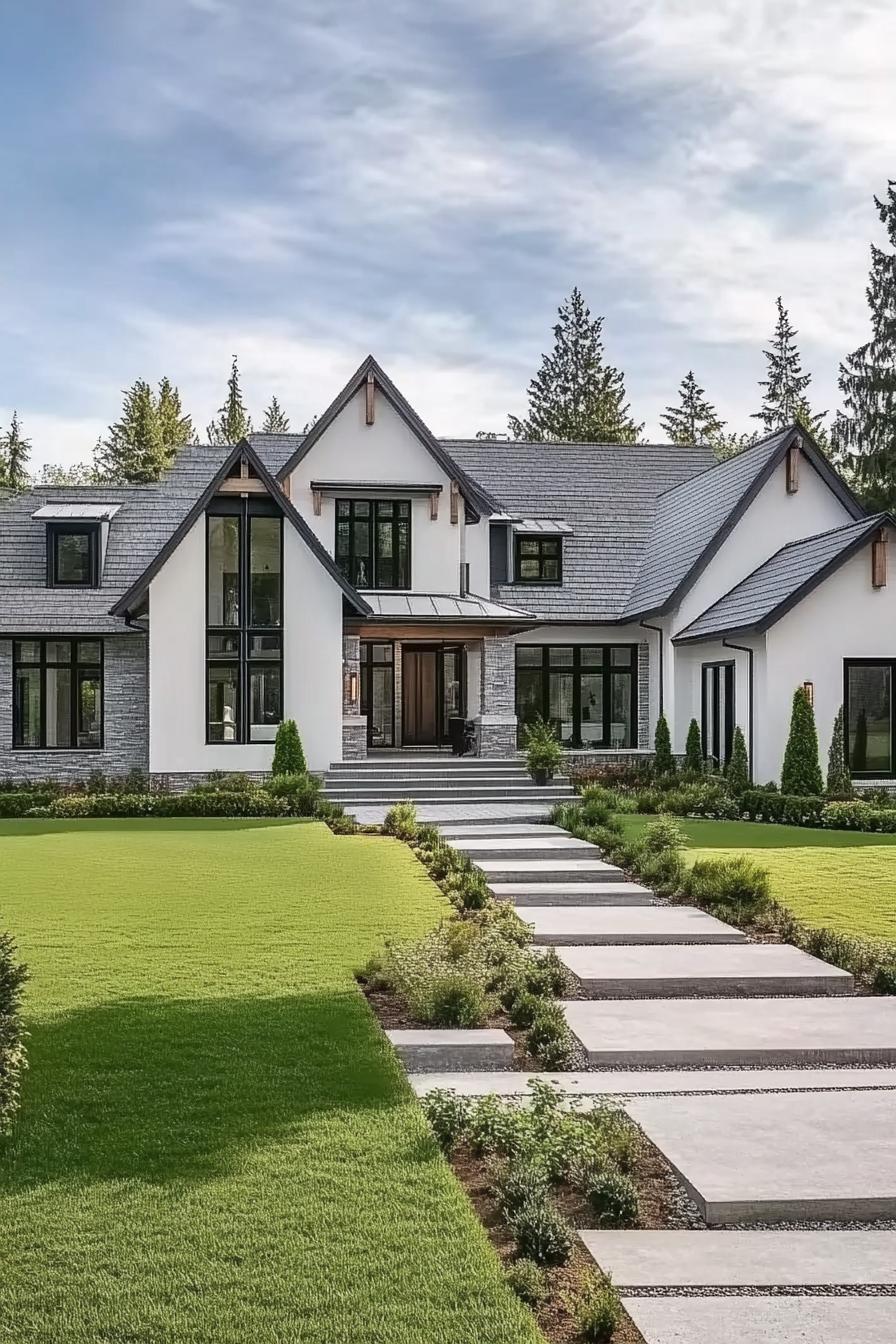 Modern gabled house with lush green lawn and pathway