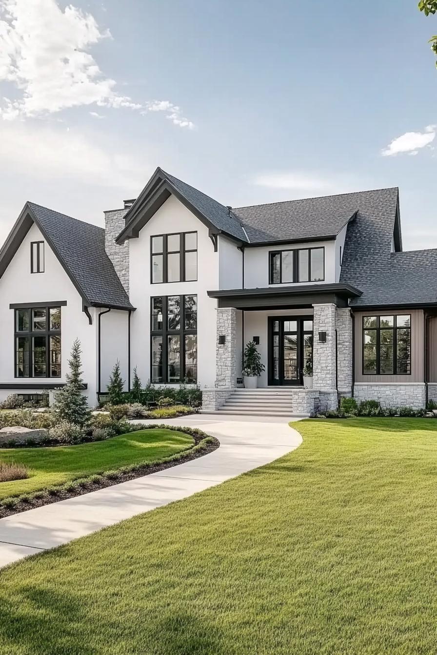 Modern house with gabled roof and manicured lawn