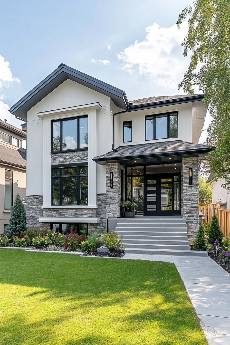 Modern home with stone and glass features, surrounded by greenery